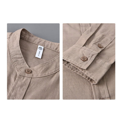 Buddha Stones Men's Long Sleeve Stand Collar With Pocket Pure Color Casual Cotton Linen Shirt - image 32