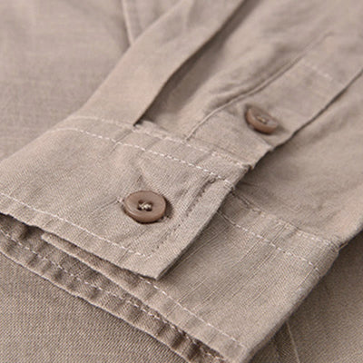 Buddha Stones Men's Long Sleeve Stand Collar With Pocket Pure Color Casual Cotton Linen Shirt - image 31