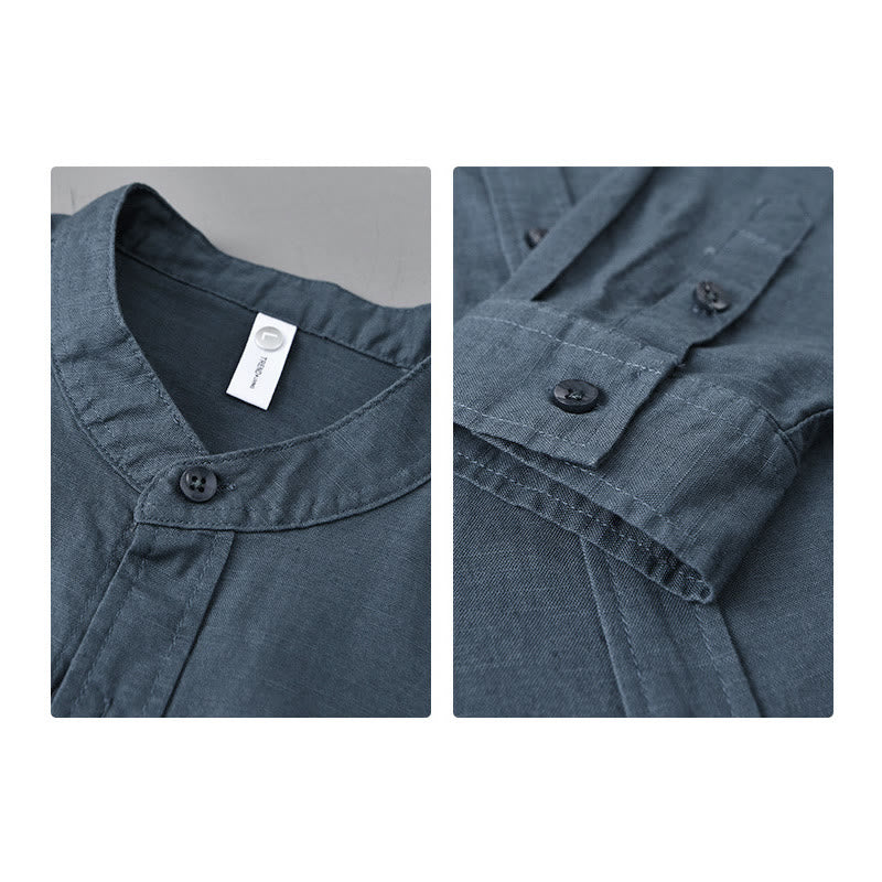 Buddha Stones Men's Long Sleeve Stand Collar With Pocket Pure Color Casual Cotton Linen Shirt - image 28