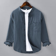 Foviel Men's Long Sleeve Stand Collar With Pocket Pure Color Casual Cotton Linen Shirt