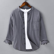 Foviel Men's Long Sleeve Stand Collar With Pocket Pure Color Casual Cotton Linen Shirt