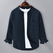 Foviel Men's Long Sleeve Stand Collar With Pocket Pure Color Casual Cotton Linen Shirt