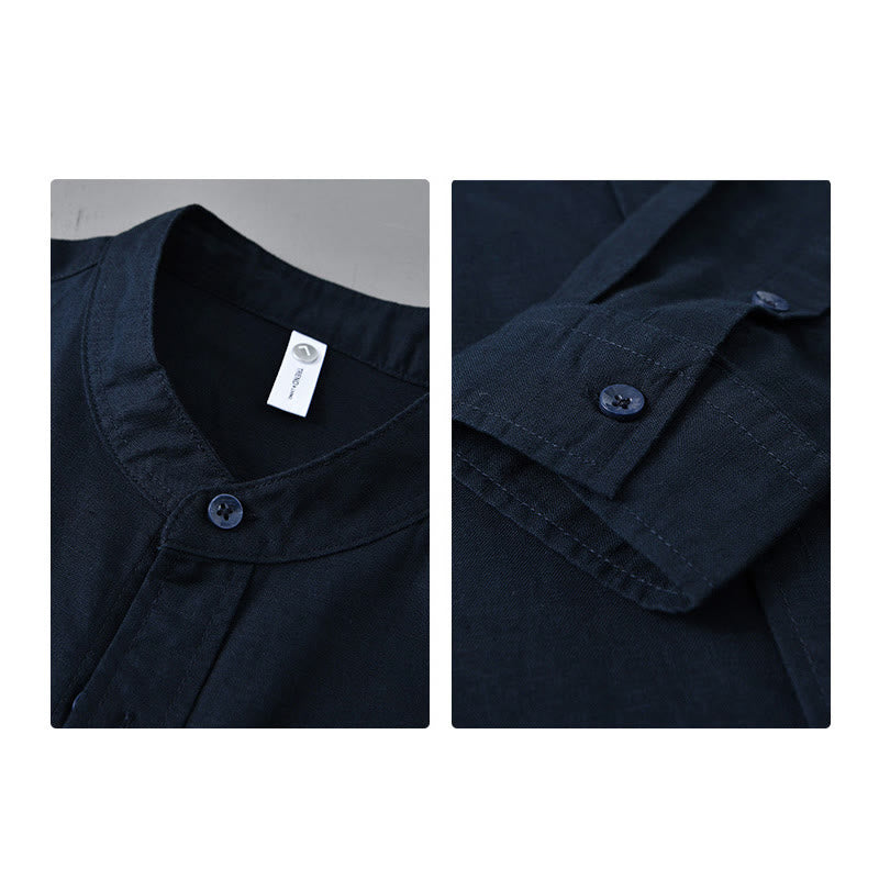 Buddha Stones Men's Long Sleeve Stand Collar With Pocket Pure Color Casual Cotton Linen Shirt - image 38