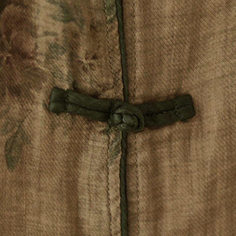 Buddha Stones Purple Flower Print Frog-Button Design Cotton Linen Shirt - image 8