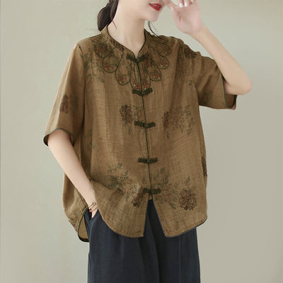 Buddha Stones Purple Flower Print Frog-Button Design Cotton Linen Shirt - image 3