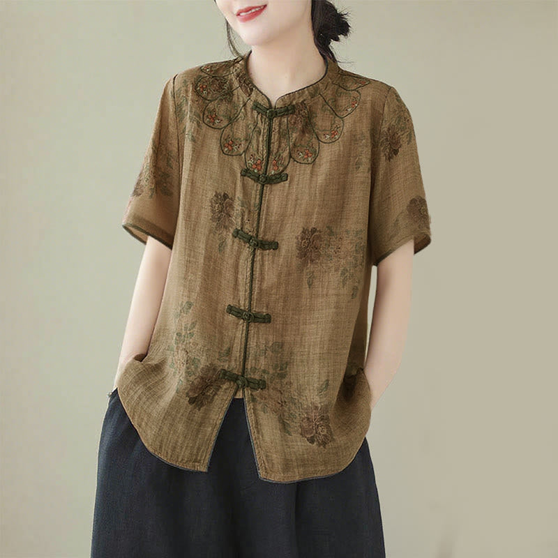 Buddha Stones Purple Flower Print Frog-Button Design Cotton Linen Shirt - image 2