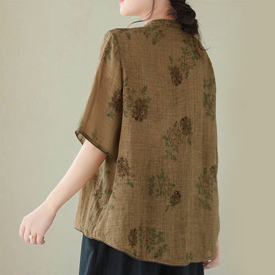 Buddha Stones Purple Flower Print Frog-Button Design Cotton Linen Shirt - image 4