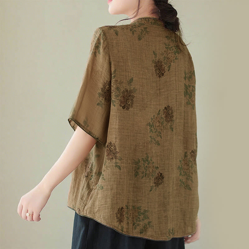 Buddha Stones Purple Flower Print Frog-Button Design Cotton Linen Shirt - image 4