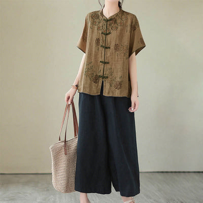 Buddha Stones Purple Flower Print Frog-Button Design Cotton Linen Shirt - image 12