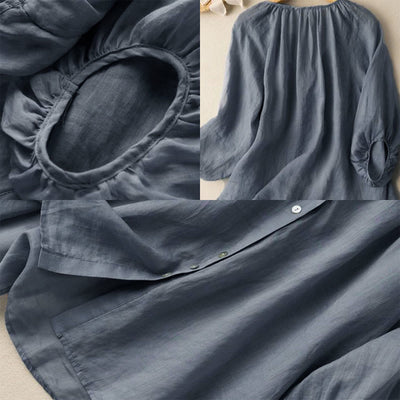 Buddha Stones Vintage Button Three Quarter Puff Sleeve V-Neck Cotton Linen Women's Shirt - image 5