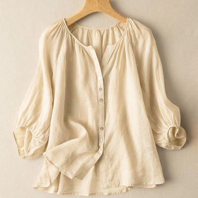 Buddha Stones Vintage Button Three Quarter Puff Sleeve V-Neck Cotton Linen Women's Shirt - image 14