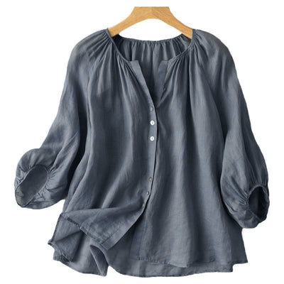 Buddha Stones Vintage Button Three Quarter Puff Sleeve V-Neck Cotton Linen Women's Shirt - image 3