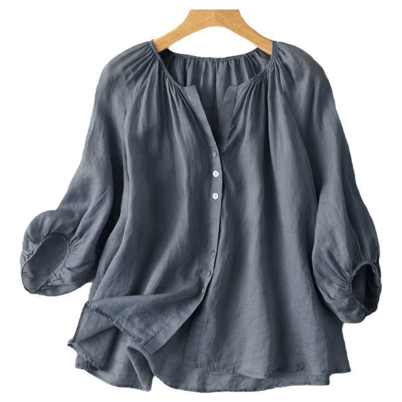 Buddha Stones Vintage Button Three Quarter Puff Sleeve V-Neck Cotton Linen Women's Shirt - image 3