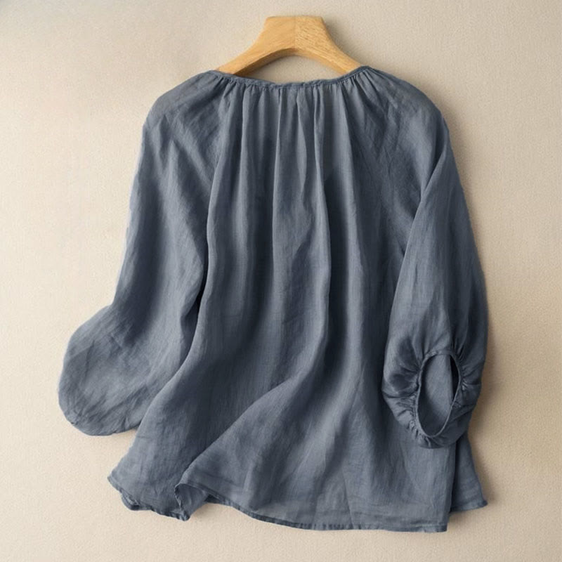 Buddha Stones Vintage Button Three Quarter Puff Sleeve V-Neck Cotton Linen Women's Shirt - image 2