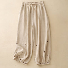 Buddha Stones Casual Embroidered Petals Women's Cotton Linen 7-8 Length Harem Pants With Pockets - Wheat - US12，UK/AU16，EU44 (2XL) - image 0