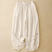 Foviel Casual Embroidered Petals Women's Cotton Linen 7-8 Length Harem Pants With Pockets