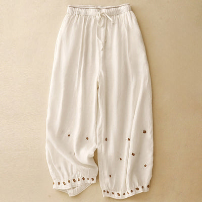 Buddha Stones Casual Embroidered Petals Women's Cotton Linen 7-8 Length Harem Pants With Pockets - Linen - US12，UK/AU16，EU44 (2XL) - image 6