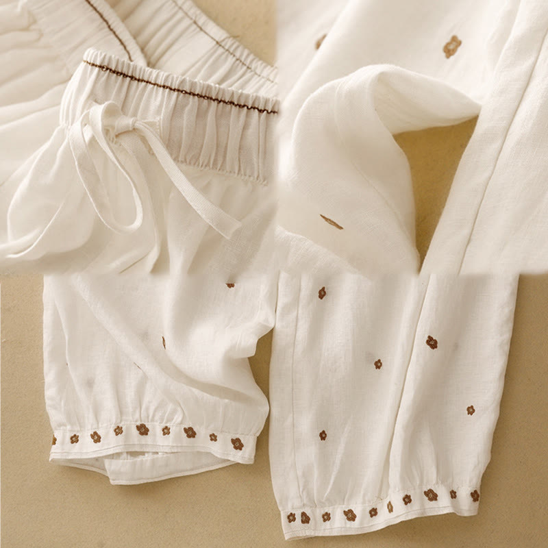 Buddha Stones Casual Embroidered Petals Women's Cotton Linen 7-8 Length Harem Pants With Pockets - image 8