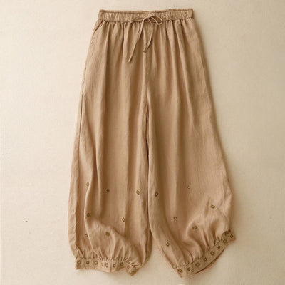 Buddha Stones Casual Embroidered Petals Women's Cotton Linen 7-8 Length Harem Pants With Pockets - SandyBrown - US12，UK/AU16，EU44 (2XL) - image 9