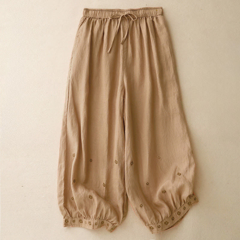 Buddha Stones Casual Embroidered Petals Women's Cotton Linen 7-8 Length Harem Pants With Pockets - SandyBrown - US12，UK/AU16，EU44 (2XL) - image 9