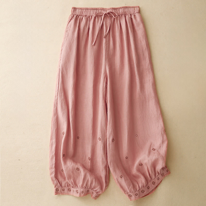 Buddha Stones Casual Embroidered Petals Women's Cotton Linen 7-8 Length Harem Pants With Pockets - LightCoral - US12，UK/AU16，EU44 (2XL) - image 12