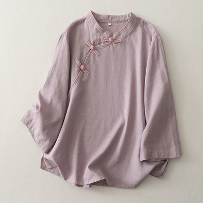 Buddha Stones Plain Slanted Buttons Cotton Linen Women's Shirt - Thistle - US12，UK/AU16，EU44 (2XL) - image 3
