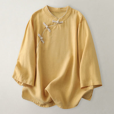 Buddha Stones Plain Slanted Buttons Cotton Linen Women's Shirt - Gold - US12，UK/AU16，EU44 (2XL) - image 1