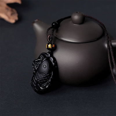 Buddha Stones Natural Black Obsidian Amphioxus Strength Necklace Pendant - image 6