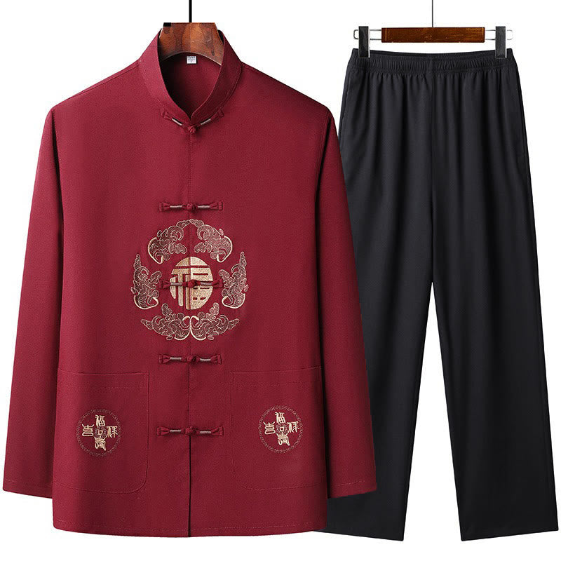 Buddha Stones Chinese New Year Embroidered Fu Tang Suit Hanfu Long Sleeve Top Pants Clothing Men's Set - Red - US/UK/AU44，EU54 (4XL) - image 0