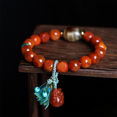 Buddha Stones Natural South Red Agate Pixiu Dzi Bead Fortune Luck Bracelet - South Red Agate & PiXiu (Wrist Circumference: 15-18cm) - image 1