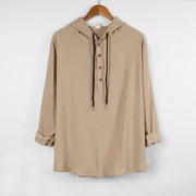 Foviel Solid Color Fall Half Buttons Men's Hooded Long Sleeve Cotton Shirt