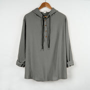 Foviel Solid Color Fall Half Buttons Men's Hooded Long Sleeve Cotton Shirt