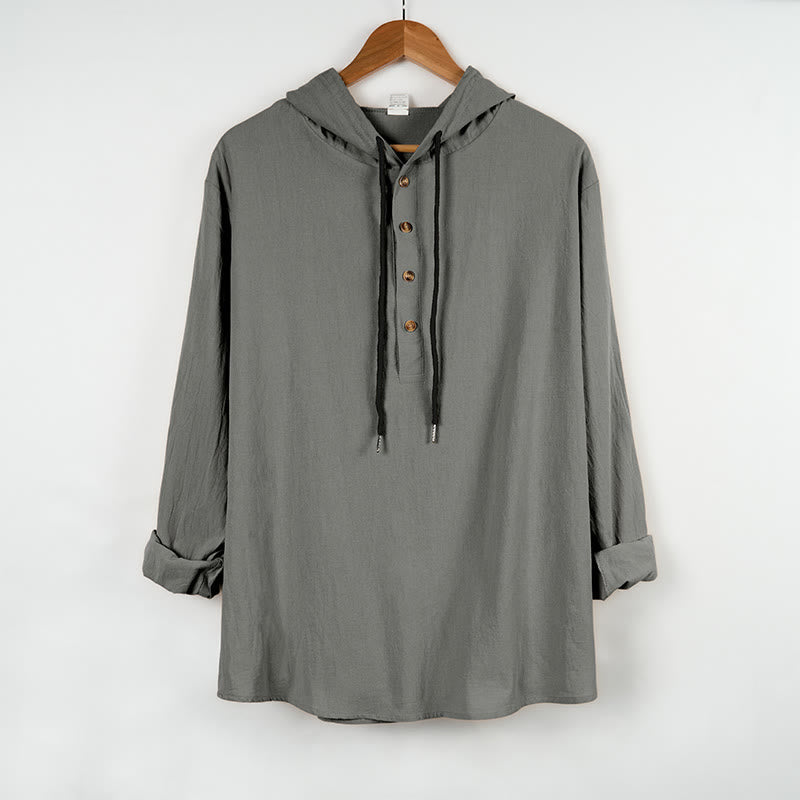 Buddha Stones Solid Color Fall Half Buttons Men's Hooded Long Sleeve Cotton Shirt - DarkGray - US/UK/AU46，EU56 (3XL) - image 10
