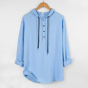 Foviel Solid Color Fall Half Buttons Men's Hooded Long Sleeve Cotton Shirt