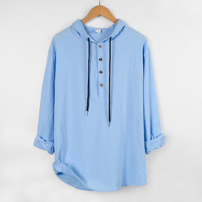 Buddha Stones Solid Color Fall Half Buttons Men's Hooded Long Sleeve Cotton Shirt - LightSkyBlue - US/UK/AU46，EU56 (3XL) - image 1