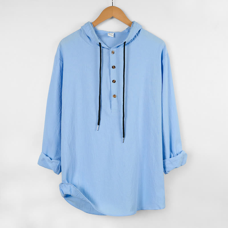 Buddha Stones Solid Color Fall Half Buttons Men's Hooded Long Sleeve Cotton Shirt - LightSkyBlue - US/UK/AU46，EU56 (3XL) - image 1