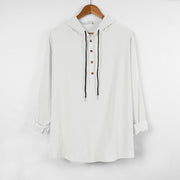 Foviel Solid Color Fall Half Buttons Men's Hooded Long Sleeve Cotton Shirt