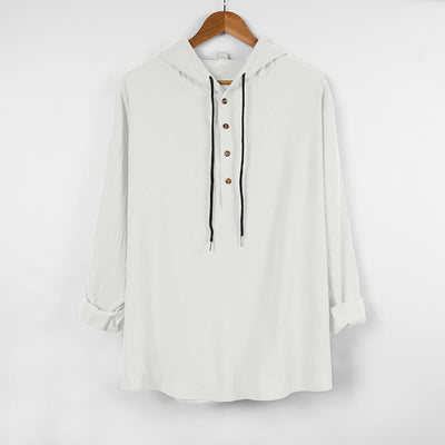 Buddha Stones Solid Color Fall Half Buttons Men's Hooded Long Sleeve Cotton Shirt - White - US/UK/AU46，EU56 (3XL) - image 6