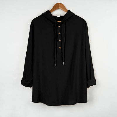 Buddha Stones Solid Color Fall Half Buttons Men's Hooded Long Sleeve Cotton Shirt - Black - US/UK/AU46，EU56 (3XL) - image 8