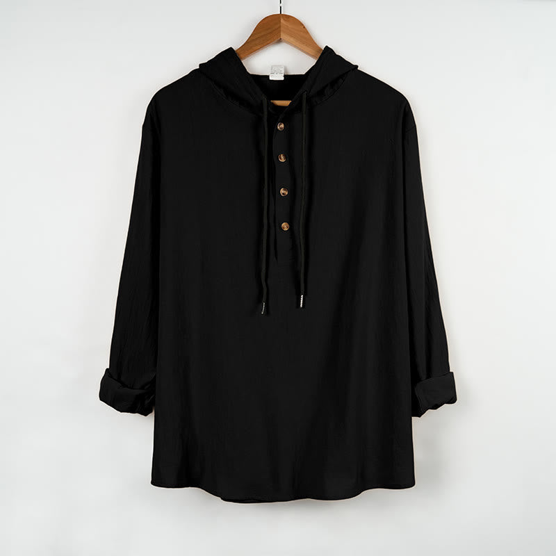 Buddha Stones Solid Color Fall Half Buttons Men's Hooded Long Sleeve Cotton Shirt - Black - US/UK/AU46，EU56 (3XL) - image 8