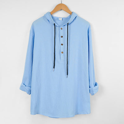 Buddha Stones Solid Color Fall Half Buttons Men's Hooded Long Sleeve Cotton Shirt - image 2