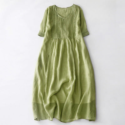 Buddha Stones Casual Accordion Pleat Plain V-neck Short Sleeve Midi Dress With Pockets - YellowGreen - US14，UK/AU18，EU46 (2XL) - image 9