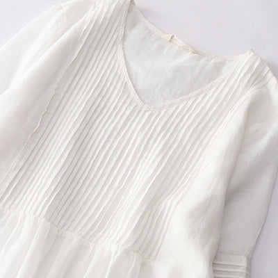 Buddha Stones Casual Accordion Pleat Plain V-neck Short Sleeve Midi Dress With Pockets - image 42