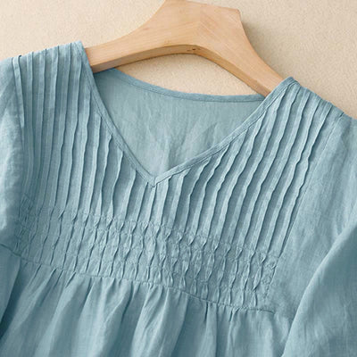 Buddha Stones Casual Plain Loose Women's V-Neck Design Half Sleeve Cotton Shirt - image 27