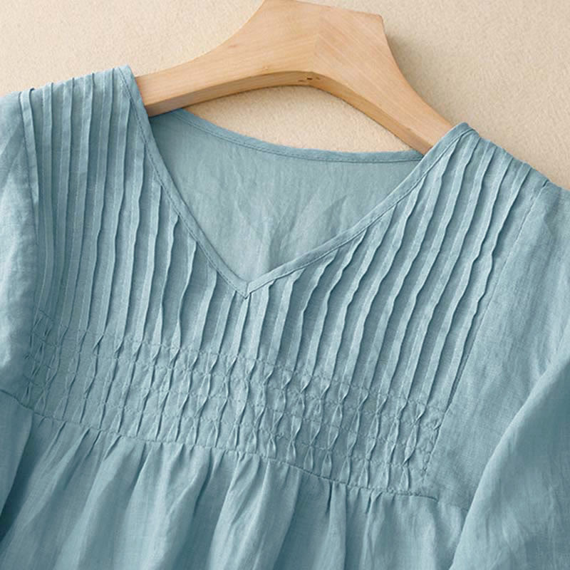 Buddha Stones Casual Plain Loose Women's V-Neck Design Half Sleeve Cotton Shirt - image 27