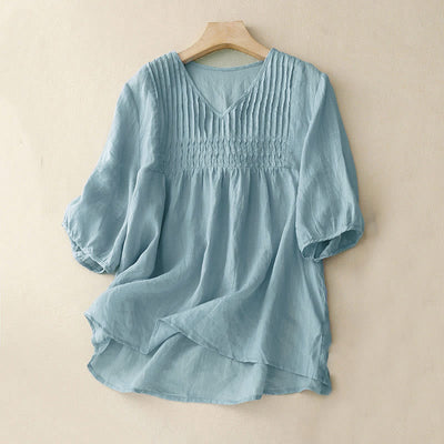 Buddha Stones Casual Plain Loose Women's V-Neck Design Half Sleeve Cotton Shirt - PaleTurquoise - US12，UK/AU16，EU44 (2XL) - image 25