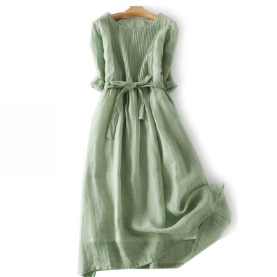 Buddha Stones Casual Lace-up Plain Crew Neck Half Sleeve Cotton Midi Dress With Pockets - DarkSeaGreen - US12，UK/AU16，EU44 (3XL) - image 20