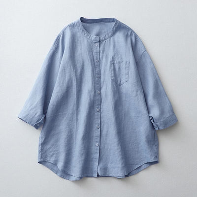 Buddha Stones Solid Color Button Three Quarter Sleeve Cotton Linen Shirt - LightBlue - US8-10，UK/AU12-14，EU40-42 (2XL) - image 21