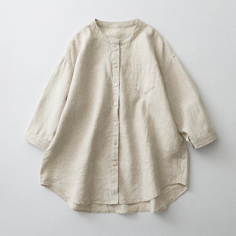 Buddha Stones Solid Color Button Three Quarter Sleeve Cotton Linen Shirt - Linen - US8-10，UK/AU12-14，EU40-42 (2XL) - image 2