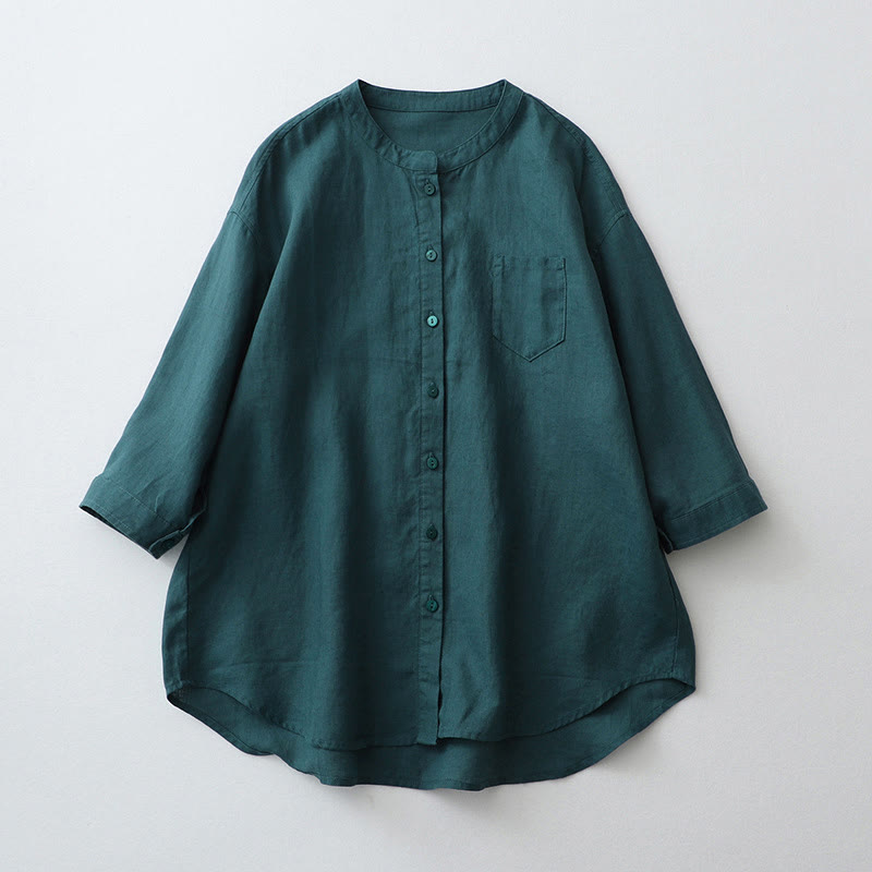 Buddha Stones Solid Color Button Three Quarter Sleeve Cotton Linen Shirt - SteelBlue - US8-10，UK/AU12-14，EU40-42 (2XL) - image 14